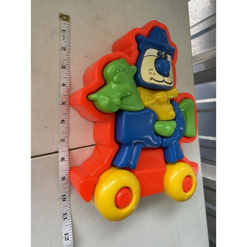 Vtg Chunky 3-D Plastic Puzzle Cowboy Hoppity  Horse on Wheels 8 Pc Amloid Blue